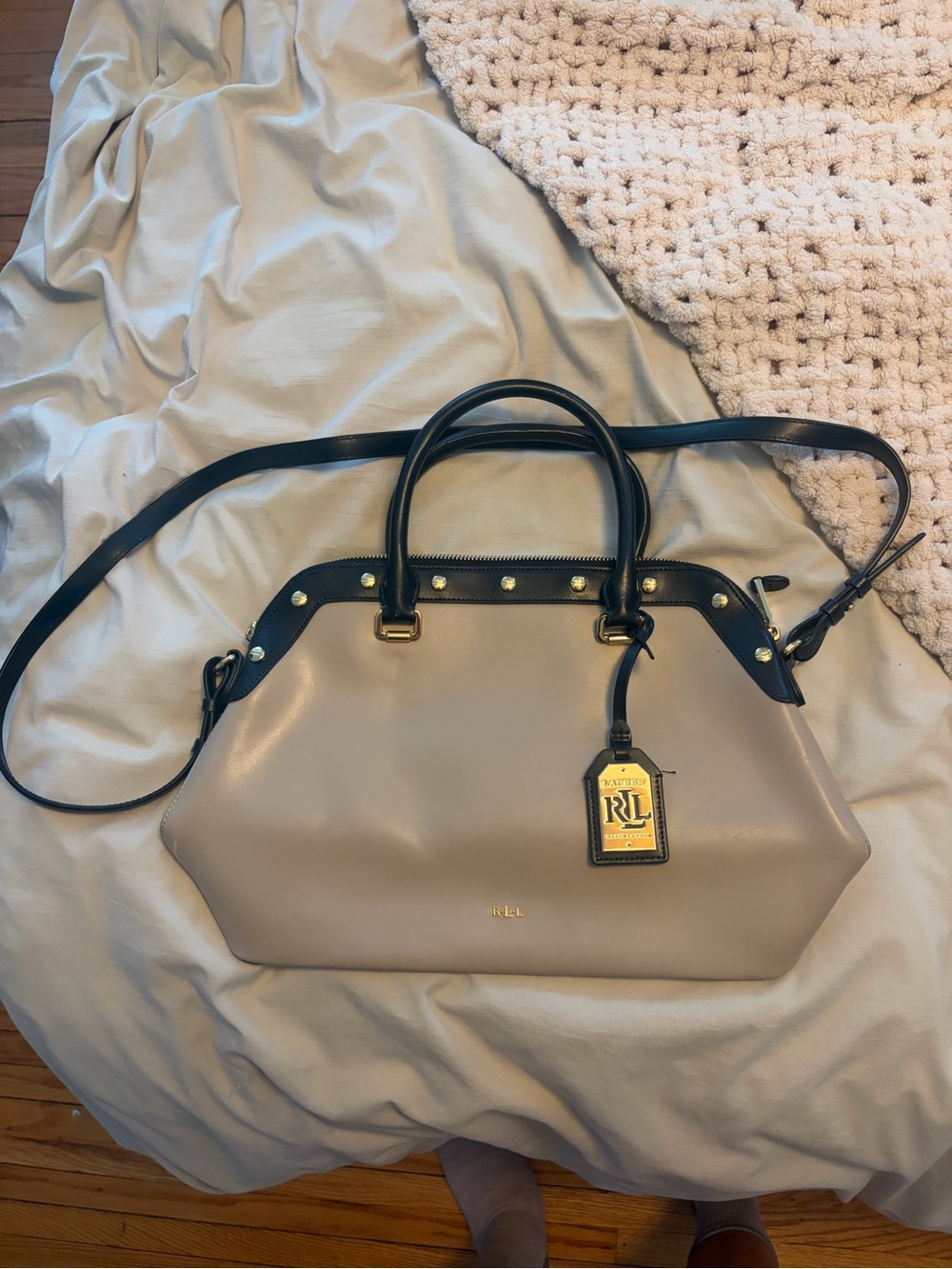Ralph Lauren Taupe and Black Leather Satchel with Gold Hardware